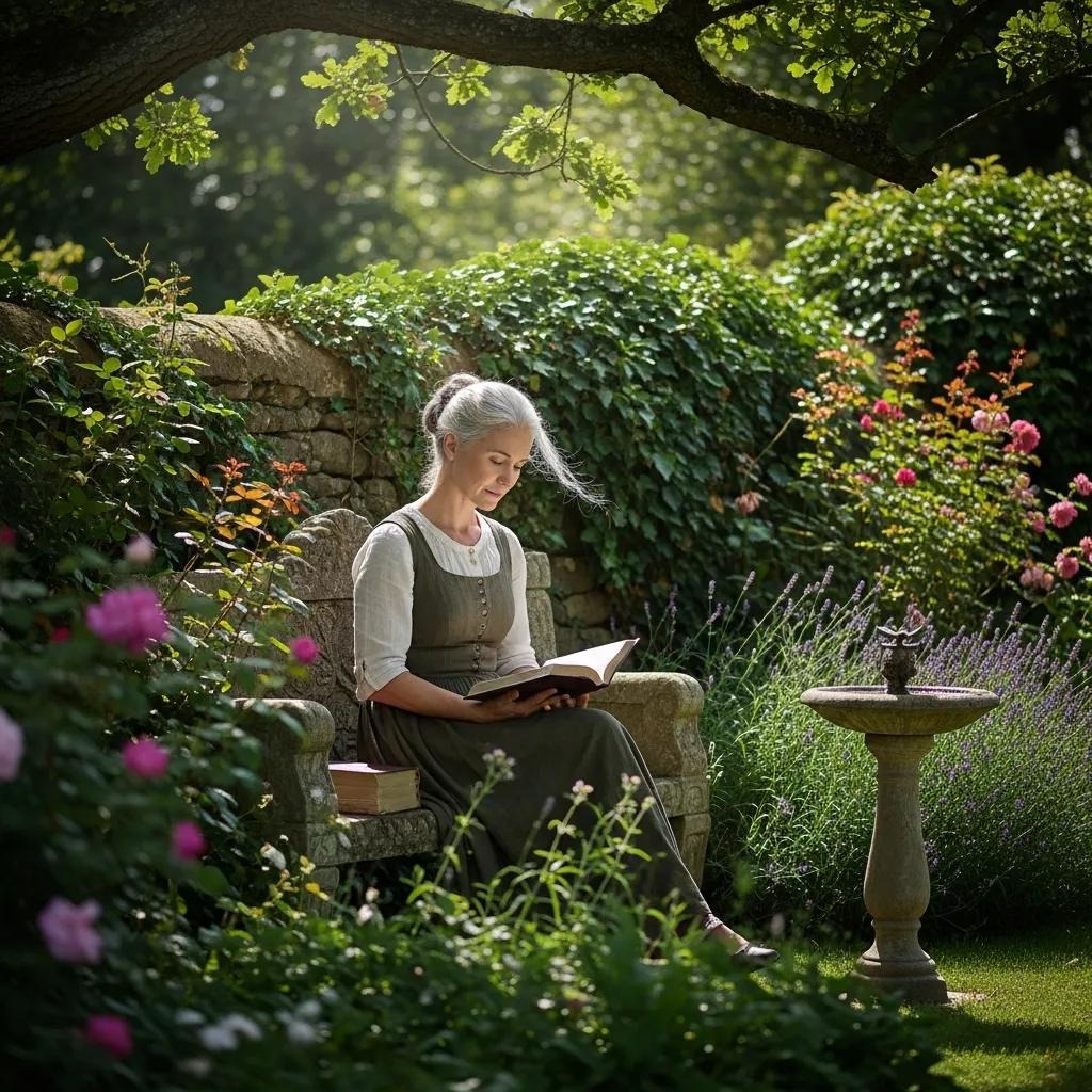 A woman with gray hair sits on a stone bench in a lush garden, reading a book. She is surrounded by blooming flowers, green bushes, and sunlight filtering through tree branches overhead.