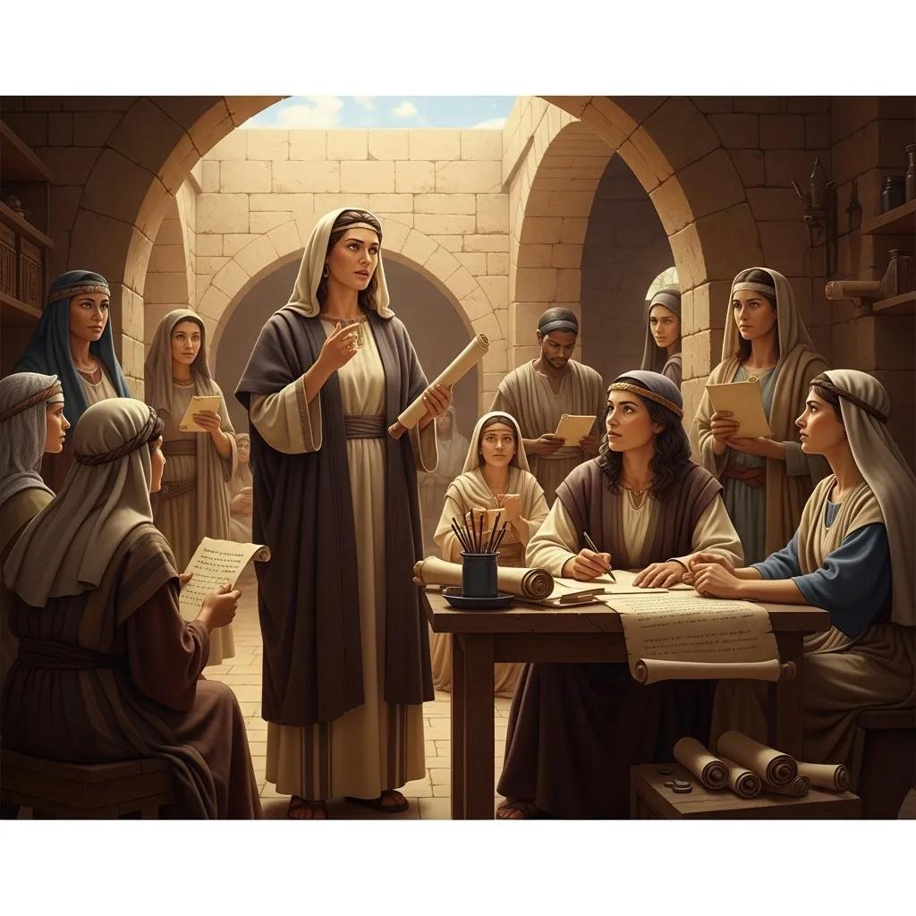 A woman in ancient attire stands and speaks to a group of women seated around a table with scrolls, paper, and writing tools in a stone-walled room, suggesting a historical or educational setting.