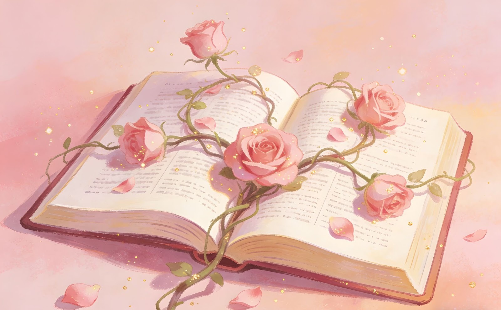 An open book lies on a soft pink surface with delicate pink roses and green vines growing from its pages. Rose petals and golden sparkles surround the scene, creating a dreamy, magical atmosphere.