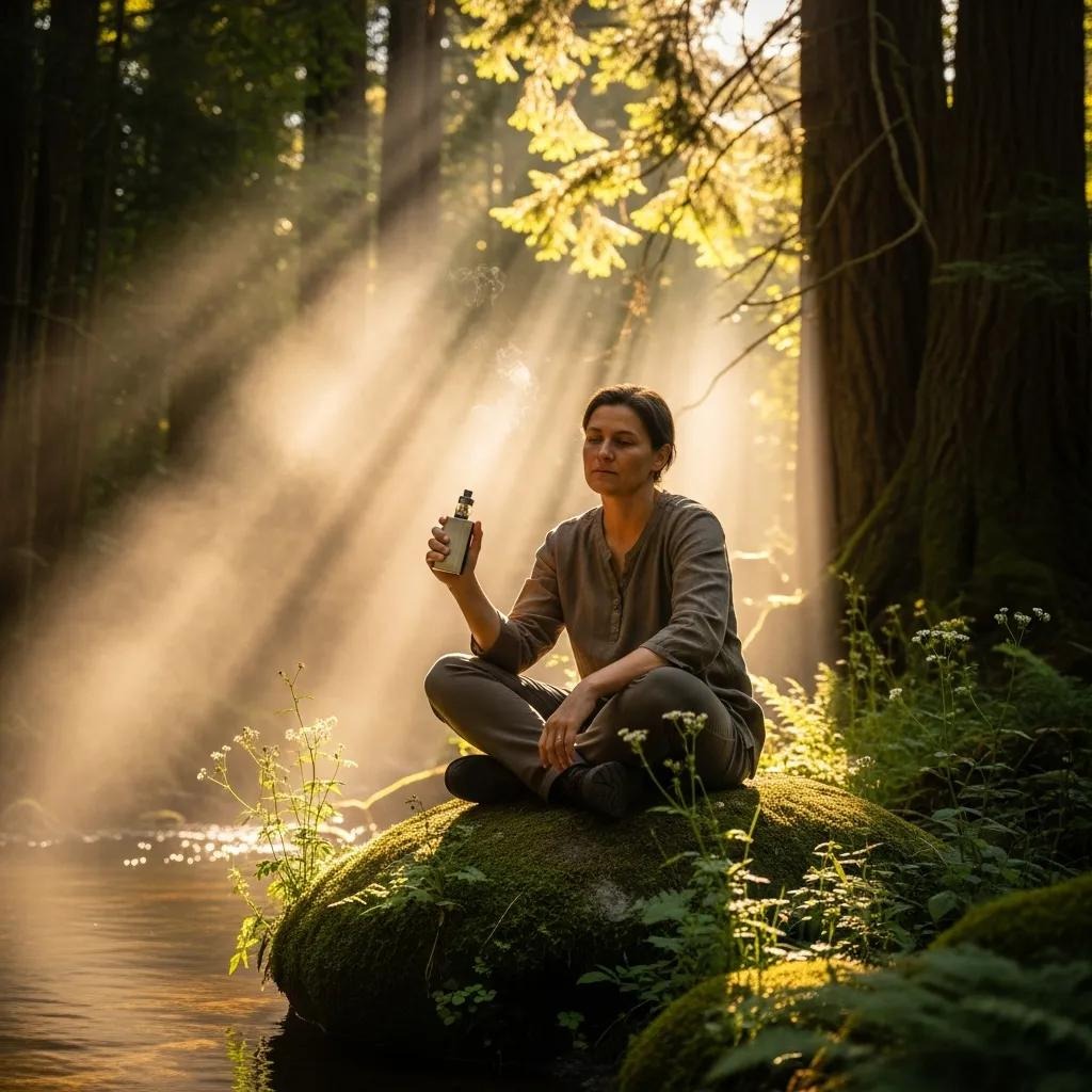 A person sits cross-legged on a mossy rock in a sunlit forest, holding a vape. Sun rays stream through tall trees, creating a peaceful, serene atmosphere.