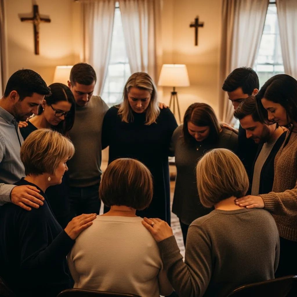 A group of people stand and sit in a circle indoors, heads bowed and eyes closed, with hands resting on each other’s shoulders, appearing to pray. Crosses and lamps are visible in the softly lit room.