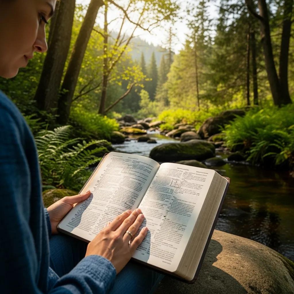 A woman sitting on a rock reading a book in the woods.