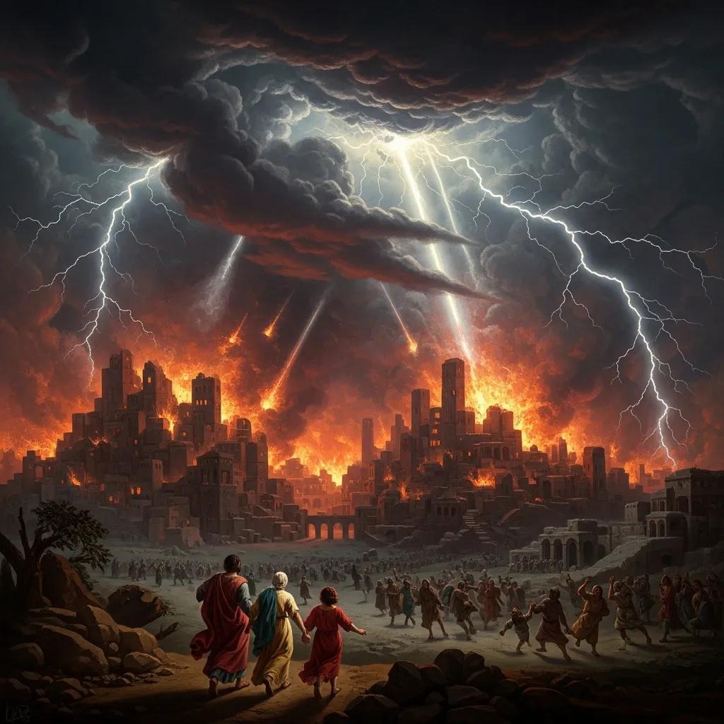 A dramatic scene of ancient ruins engulfed in flames with lightning streaking across a dark sky. Crowds flee the burning city, while three figures in colorful robes lead the way in the foreground.