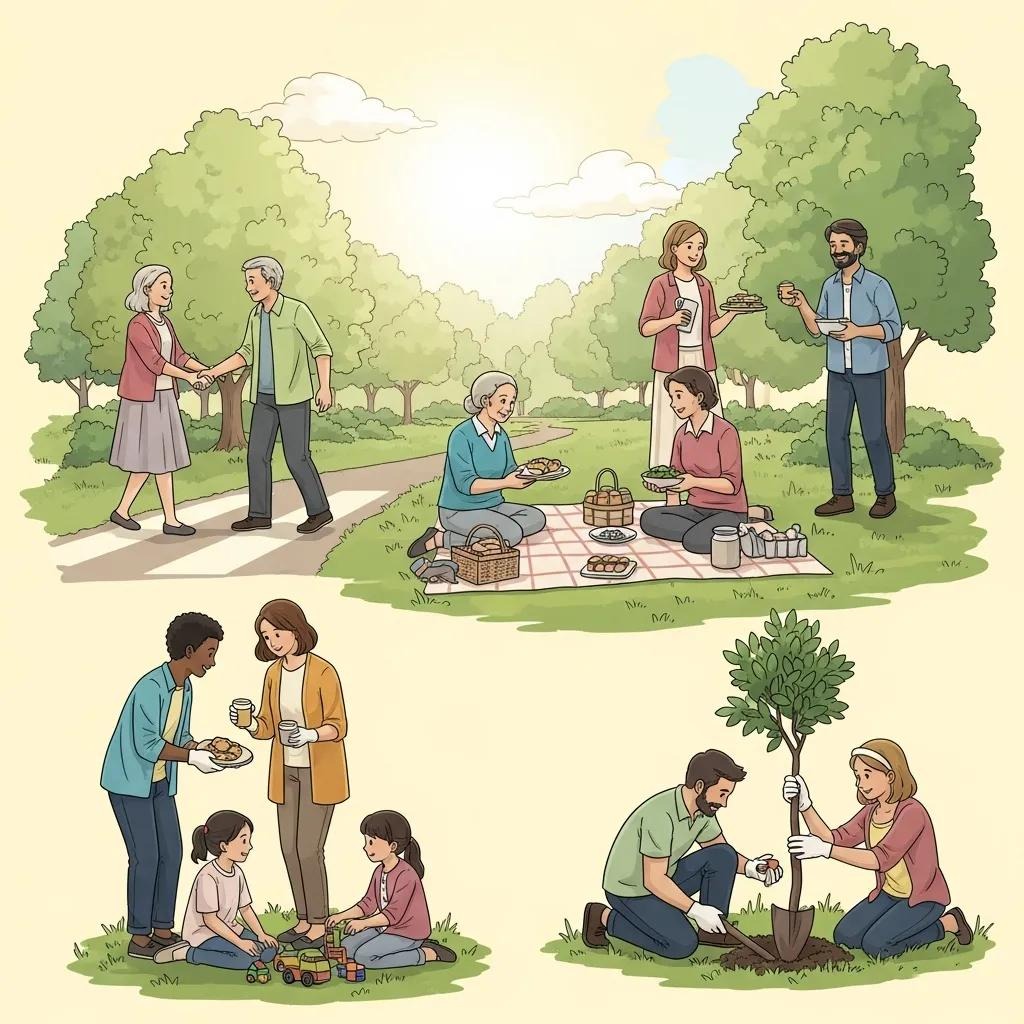 Three scenes in a sunny park: an elderly couple walking and having a picnic, a family sharing drinks and playing with a child, and a man and child planting a tree together, all surrounded by green trees.