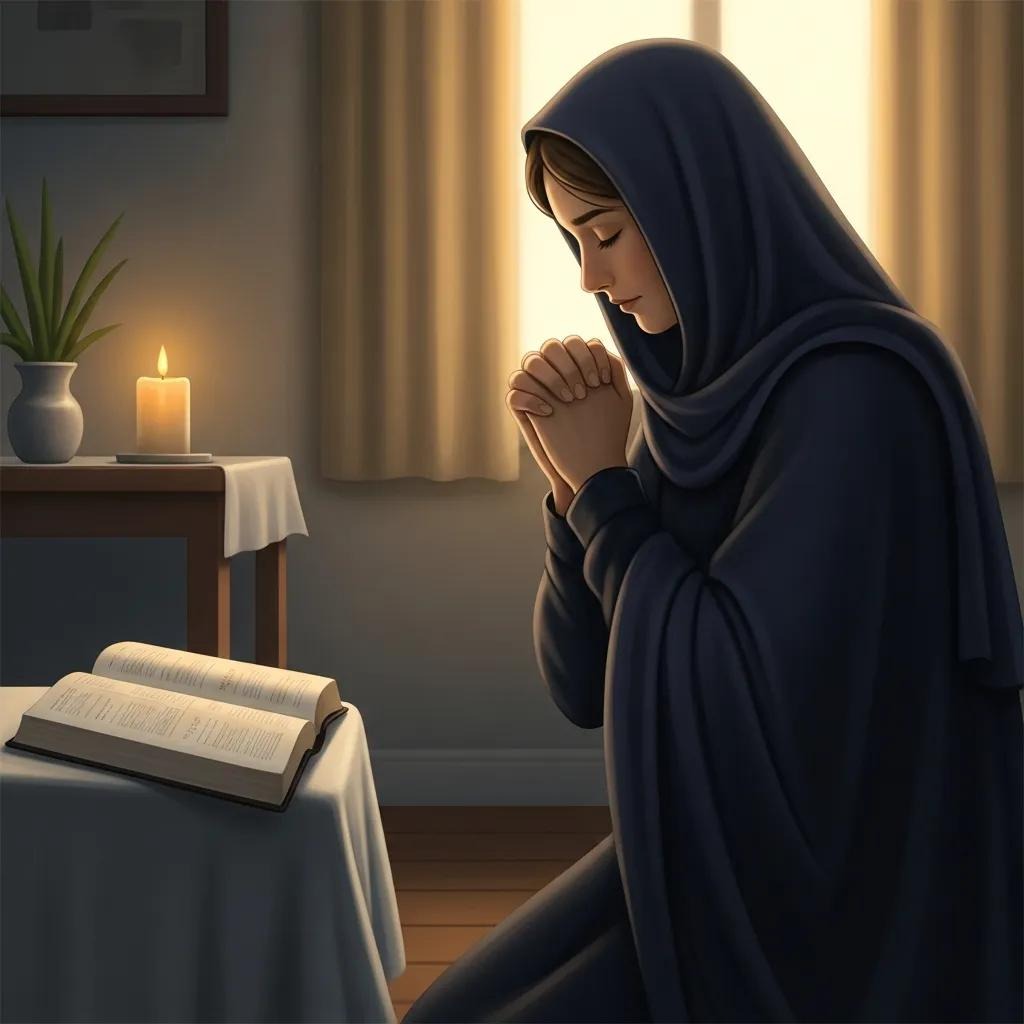 A woman wearing a dark headscarf kneels in prayer beside an open book on a small table, hands clasped, with a lit candle and a potted plant nearby, sunlight streaming through a curtained window.