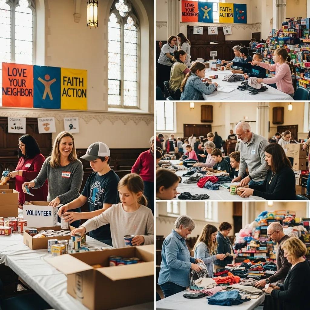 Volunteers in a church hall sort and pack clothing, canned food, and other goods. Colorful banners on the walls display messages like Love Your Neighbor and Faith Action. Multiple groups work at tables.