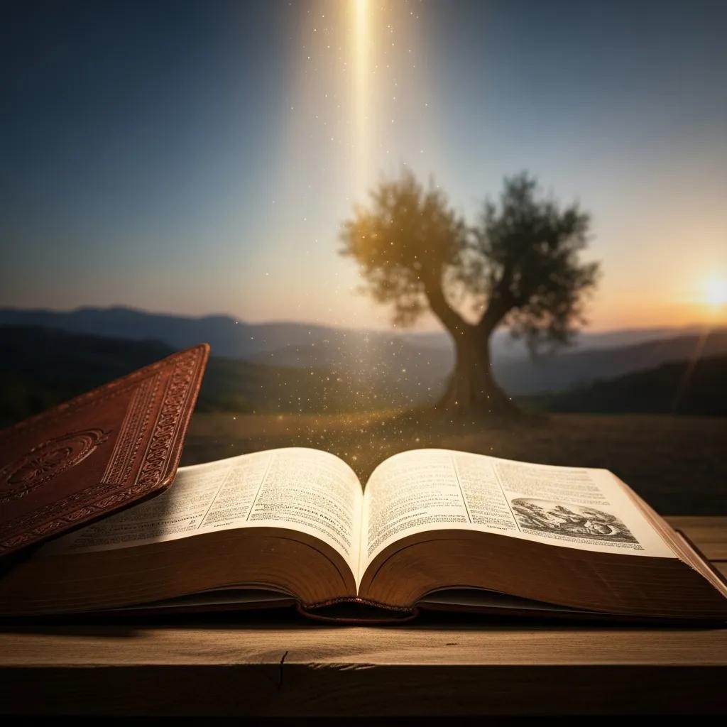 An open book with illustrations sits on a wooden surface outdoors at sunset, with a single tree and hills in the background. A beam of light shines down onto the book, creating a warm, peaceful atmosphere.