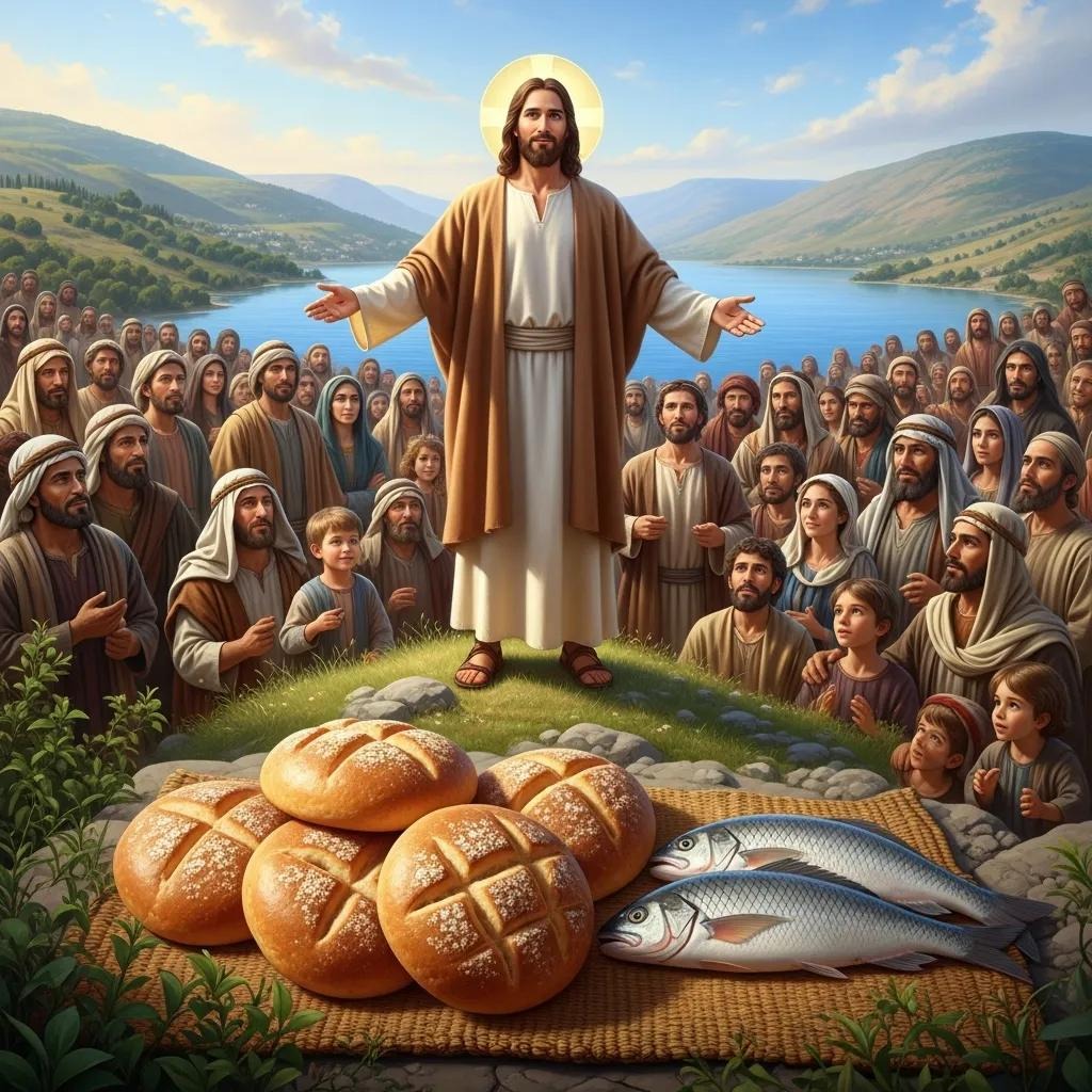 Jesus stands with open arms on a hillside, surrounded by a large crowd near a lake. In the foreground, several loaves of bread and two fish are placed on a woven mat, referencing the biblical miracle.