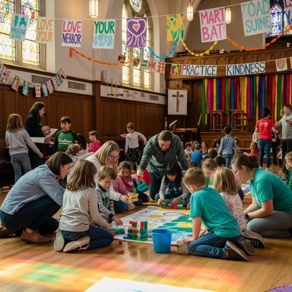 A group of children and adults gather in a brightly decorated church hall, playing with blocks and art materials. Colorful banners with positive messages like LOVE YOUR NEIGHBOR and PRACTICE KINDNESS hang above.
