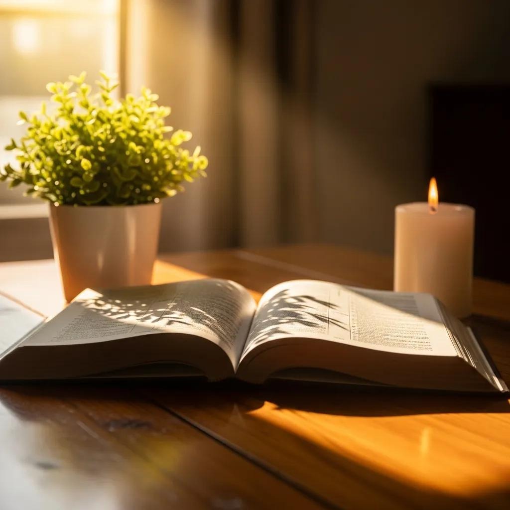 An open book rests on a wooden table beside a lit white candle and a small potted plant, with warm sunlight streaming in through a window, casting soft shadows.