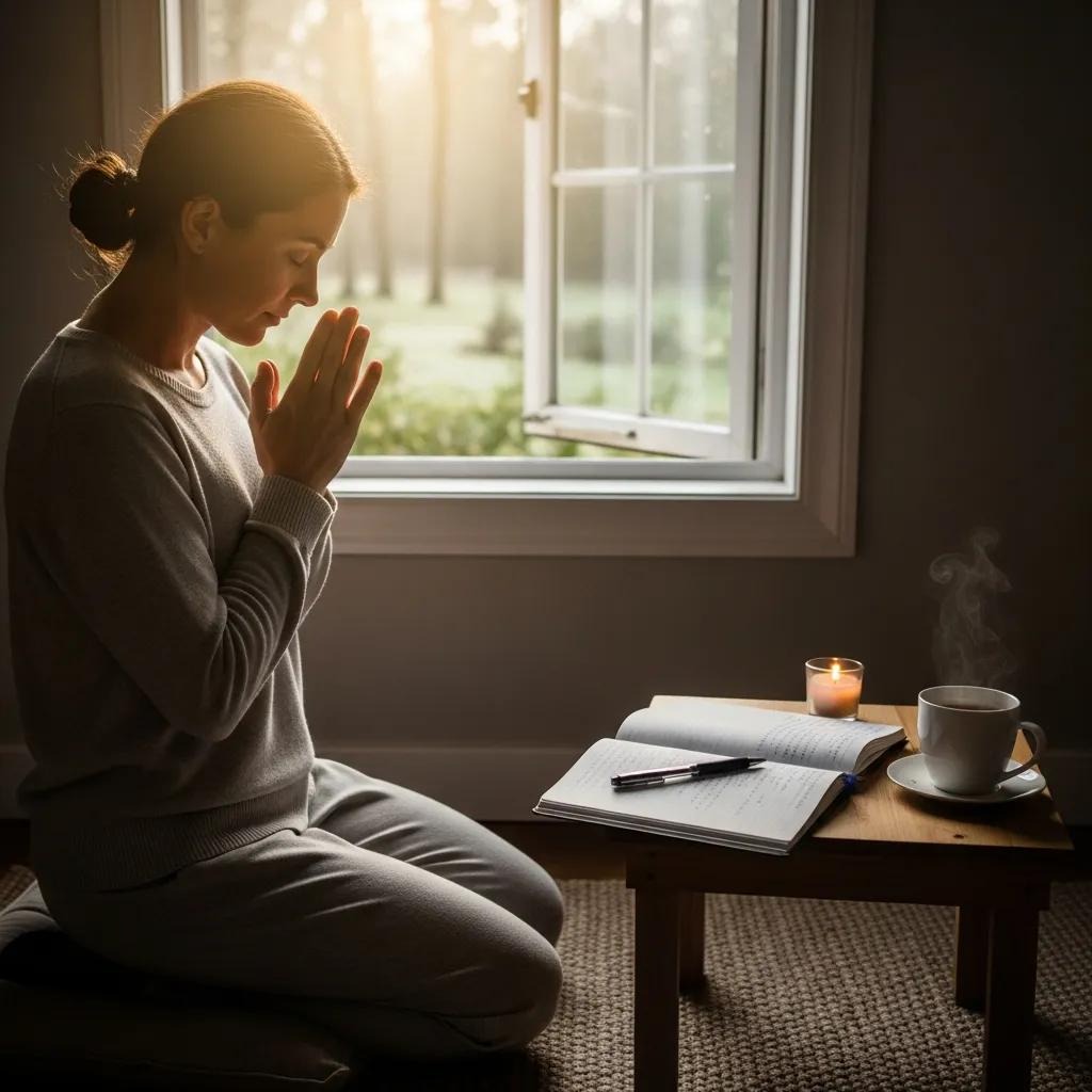 A woman in comfortable clothing kneels indoors by a low table with a journal, pen, lit candle, and steaming cup. She is praying with hands together, beside an open window with soft morning sunlight streaming in.