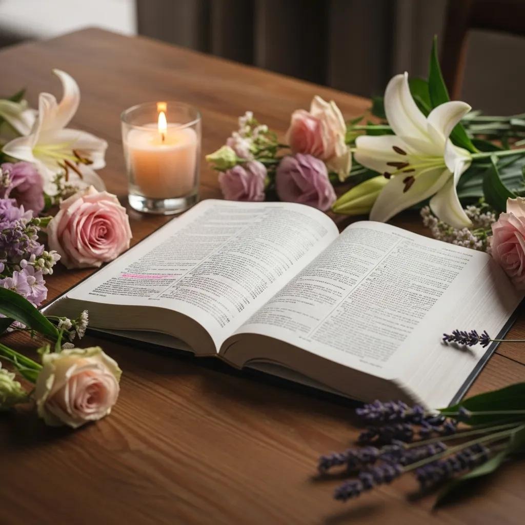An open Bible lies on a wooden table surrounded by fresh flowers, including lilies, roses, and lilacs. A lit candle sits beside the book, creating a peaceful and serene atmosphere.