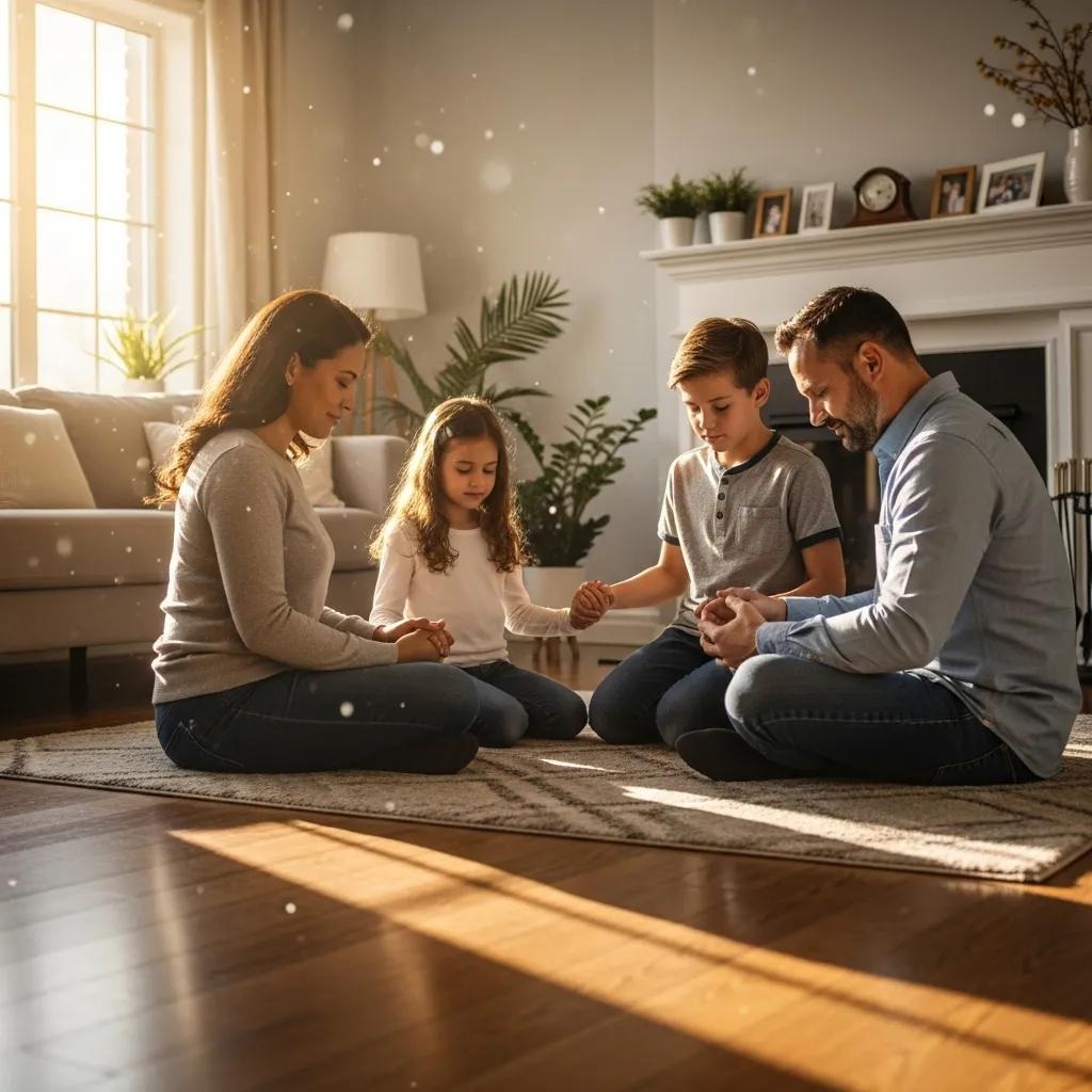 A family of four, two adults and two children, sit cross-legged on a rug in a living room, holding hands and praying together. Sunlight streams through the window, creating a warm and peaceful atmosphere.
