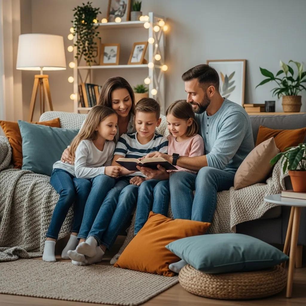 A family of five—two adults and three children—sit together on a cozy couch in a warmly lit living room, smiling and reading a book. The space is decorated with cushions, plants, and string lights.