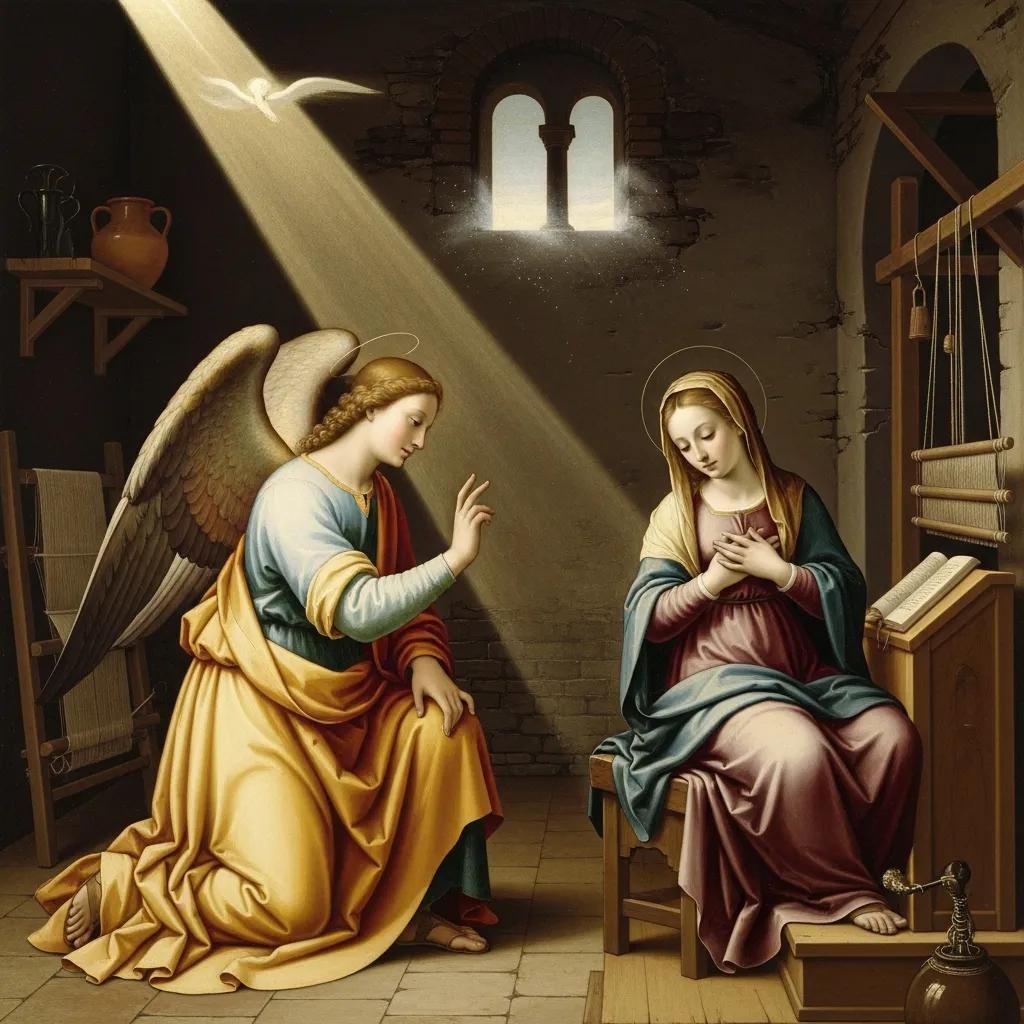 An angel with golden wings visits a seated woman in a dimly lit room; a beam of light and a white dove shine through a window, creating a serene, sacred atmosphere.