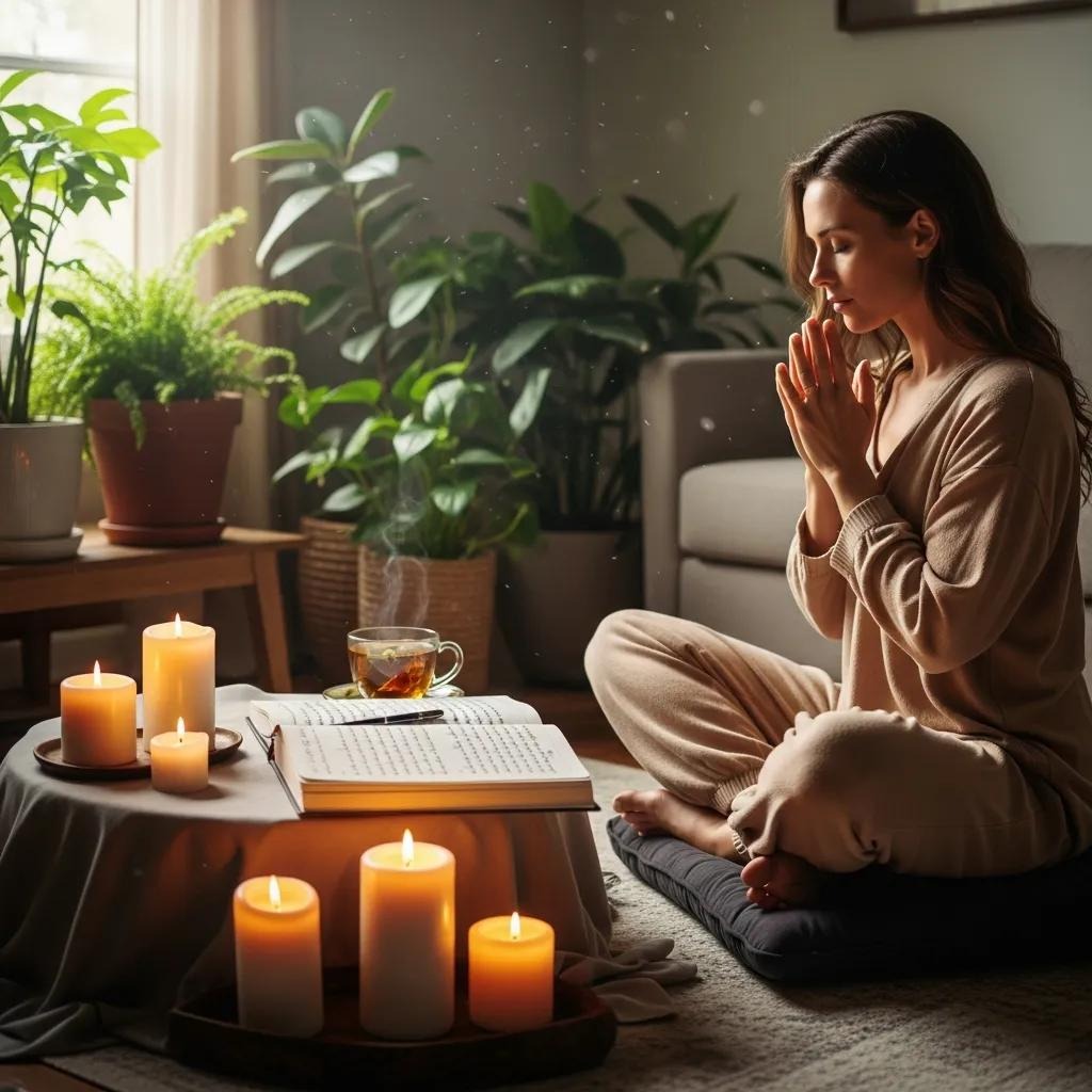 A woman sits cross-legged on a cushion, eyes closed and hands in prayer, surrounded by lit candles, a book, and a cup of tea in a cozy room filled with green potted plants and soft, natural light.
