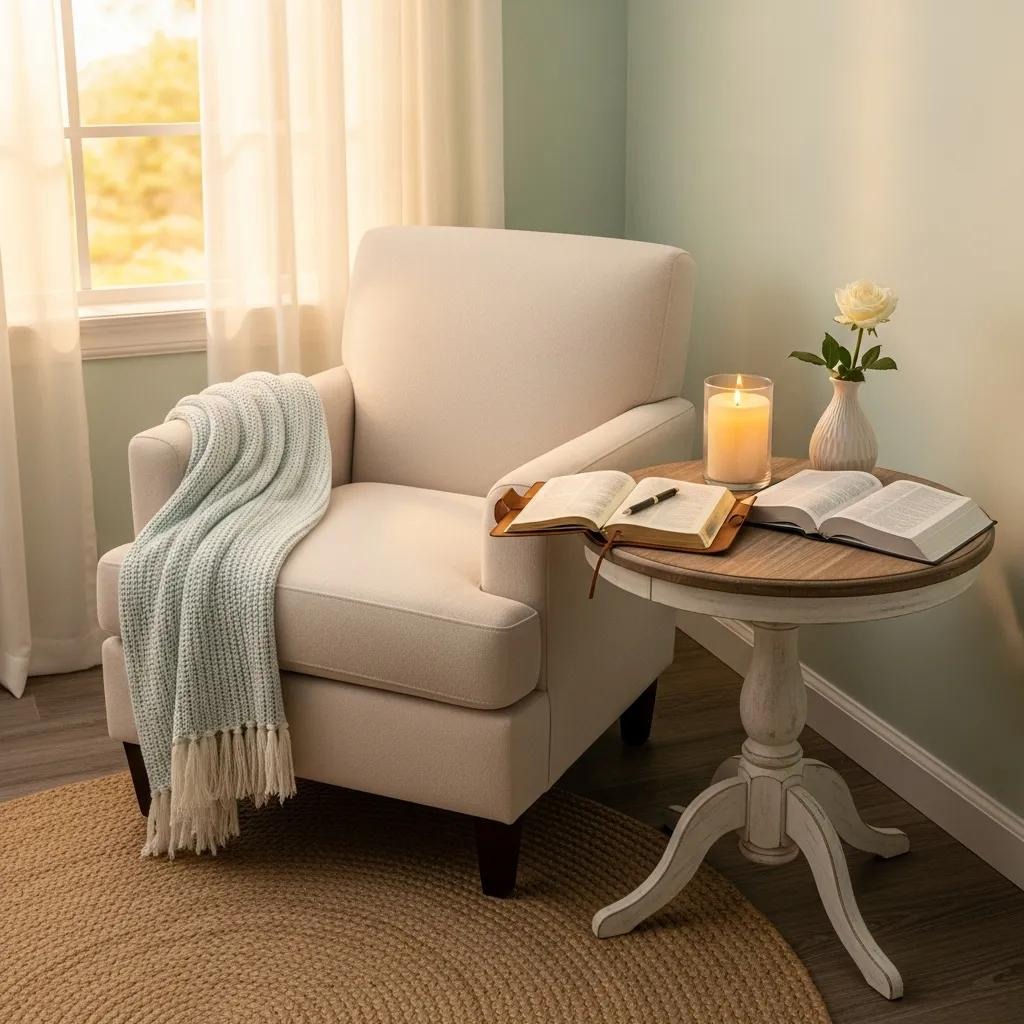 A cozy cream armchair with a light blue throw blanket beside a round table holding an open book, candle, vase with a white rose, and another open book. Warm sunlight streams through curtains onto the calm, inviting scene.
