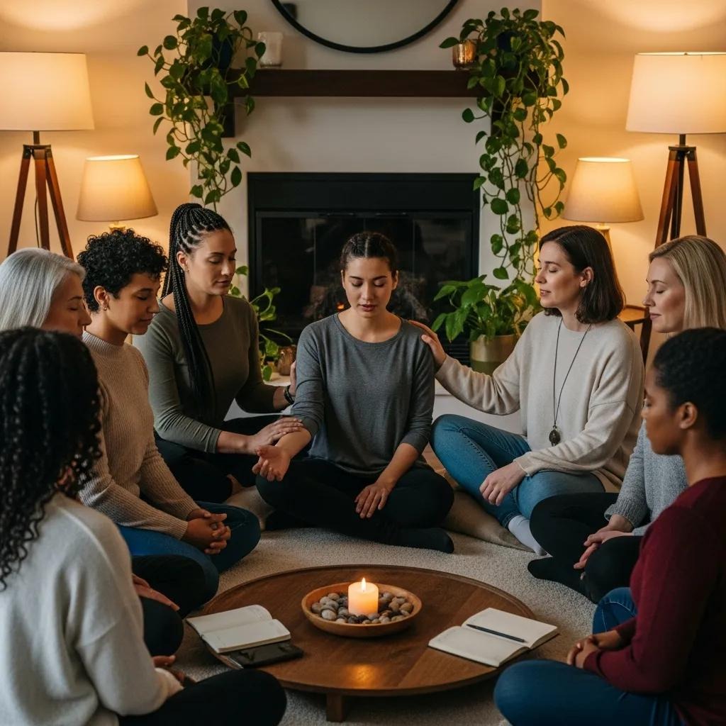 Eight women sit in a circle on the floor, eyes closed and hands gently touching, around a lit candle. The room is softly lit with lamps, and there are potted plants and notebooks nearby, creating a peaceful atmosphere.