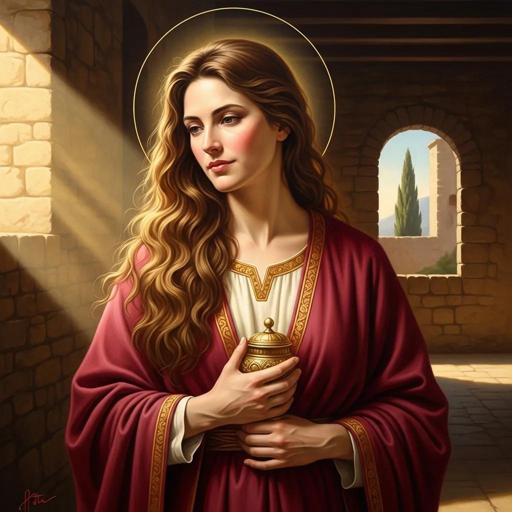 A woman with long wavy hair, wearing a red robe and golden halo, stands in a sunlit stone room holding a golden jar, with an arched window and trees visible in the background.