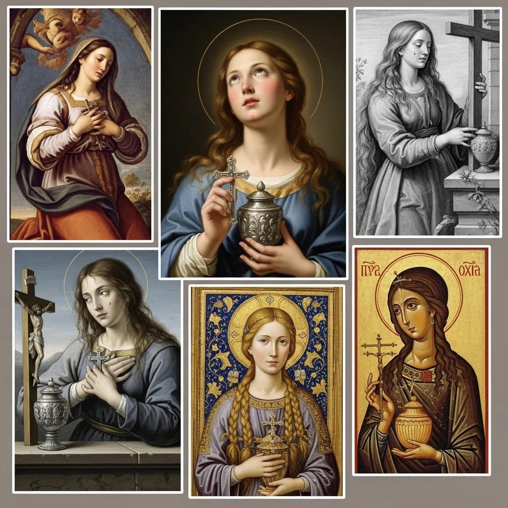 A collage of six artistic depictions of Mary Magdalene holding a jar or vessel, shown in various art styles including paintings, a black and white sketch, and religious iconography.