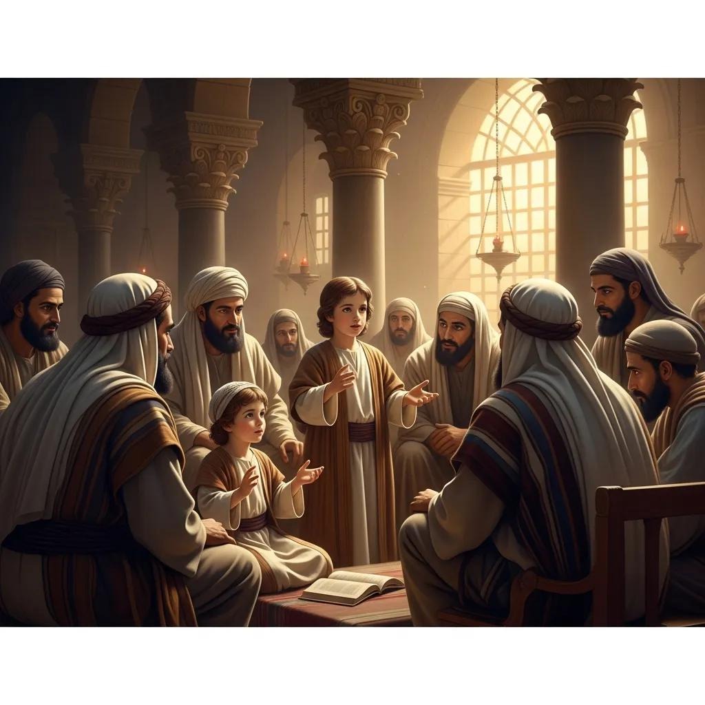 A young boy speaks animatedly to a group of men in ancient robes inside a grand hall with arched windows and columns. The listeners sit around him, some with attentive, curious expressions. An open book lies on the table.