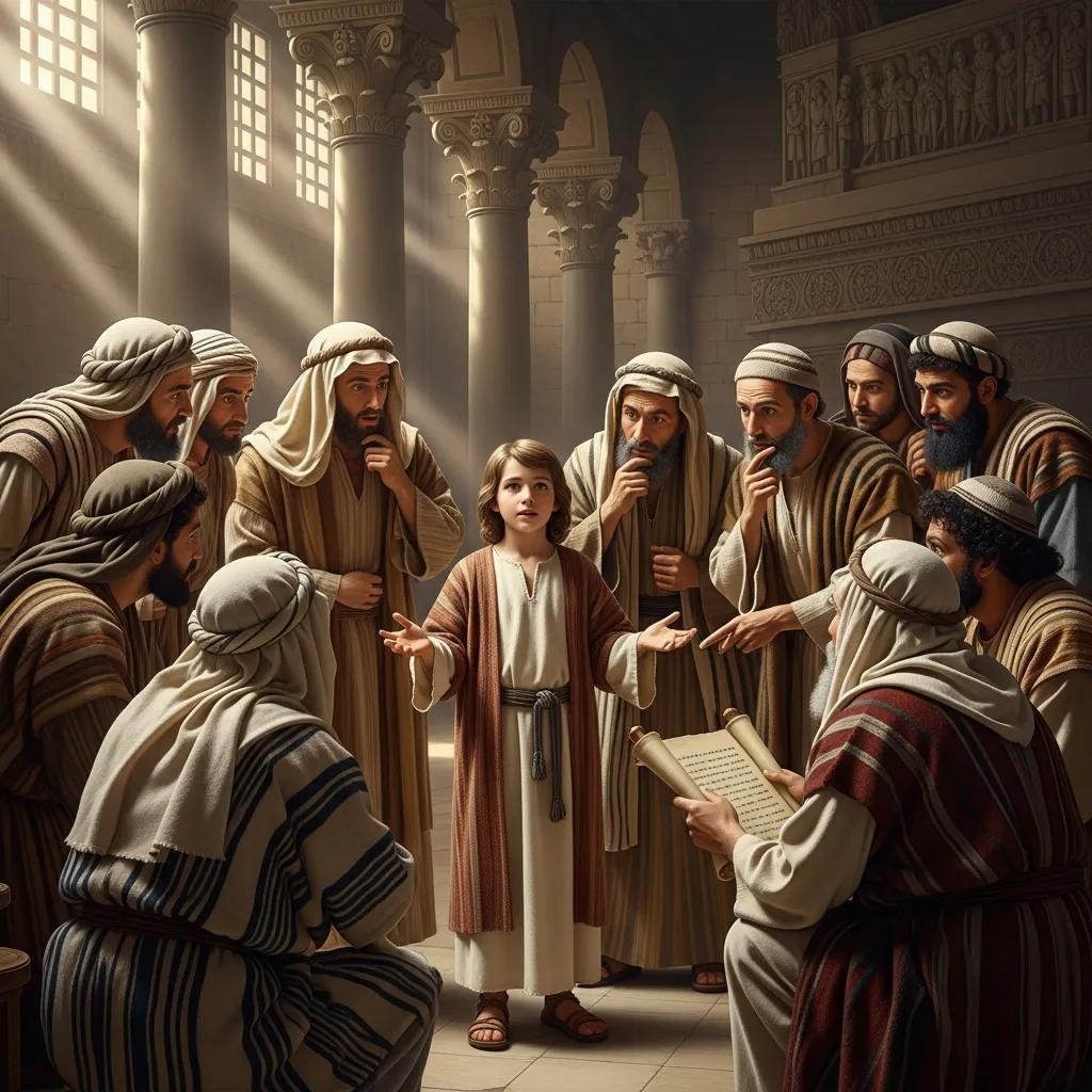 A young boy in ancient robes stands speaking among a group of older men, also in traditional robes, inside a grand, sunlit hall with columns and arches. The men listen intently, some holding scrolls.