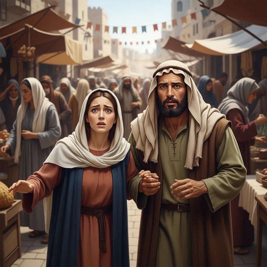 A worried man and woman in ancient Middle Eastern attire stand in a crowded, bustling market street, surrounded by vendors and townspeople with stone buildings and hanging banners in the background.