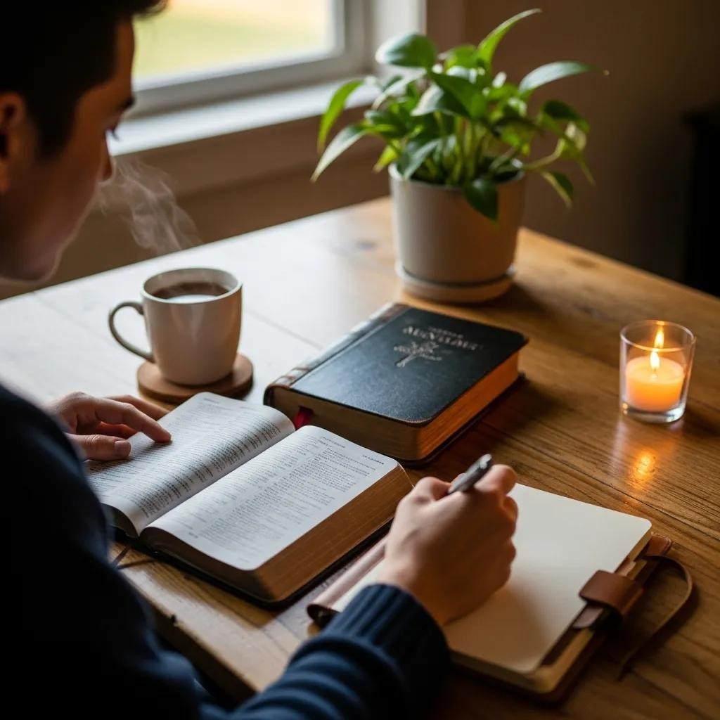 A person writes in a notebook at a wooden table with an open book, a closed book, a lit candle, a potted plant, and a steaming cup of coffee near a window.