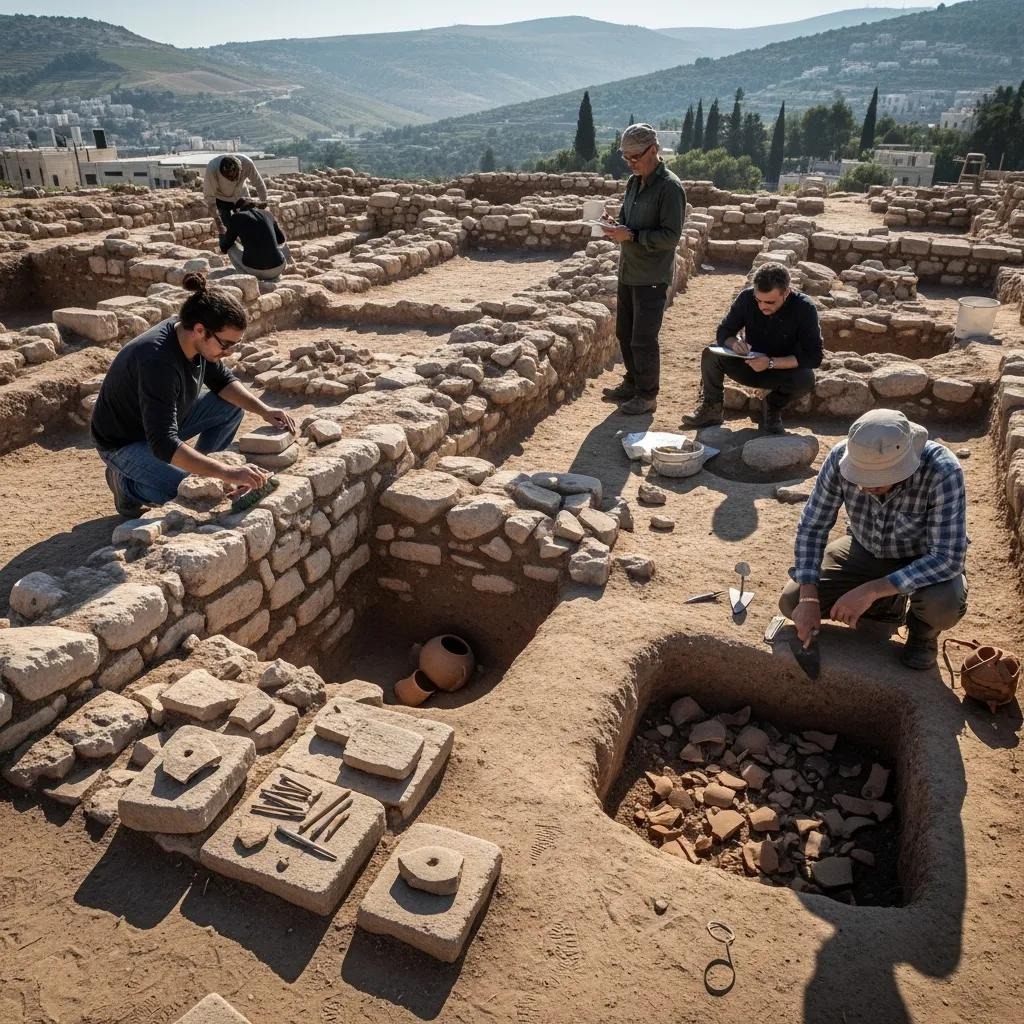 Archaeologists excavate an ancient ruins site, documenting and examining artifacts and pottery among exposed stone walls under a sunny sky with hills in the background.