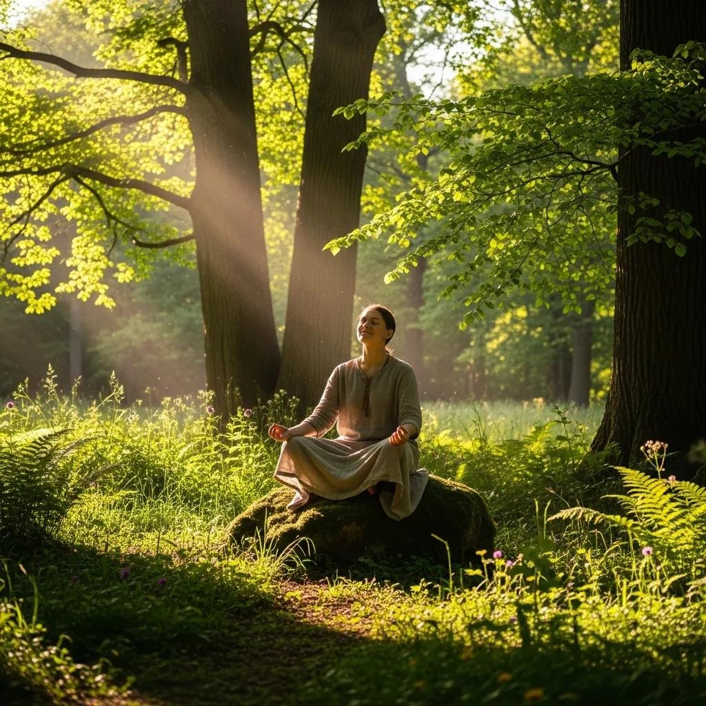 A woman sits cross-legged on a mossy rock in a sunlit forest, meditating peacefully with her eyes closed as rays of sunlight filter through the green trees around her.