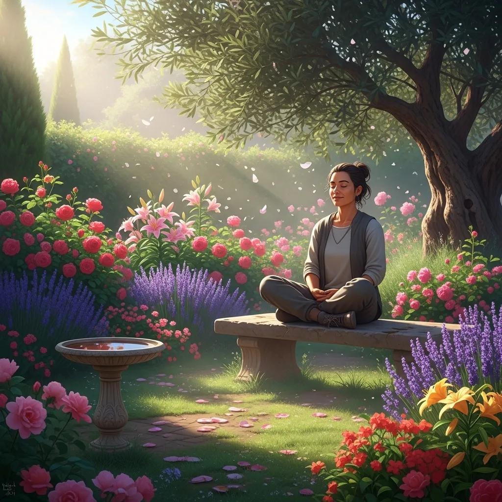 A woman meditates on a stone bench in a lush garden filled with colorful flowers and greenery. Sunlight filters through the trees, and petals gently float in the air, creating a peaceful and serene atmosphere.