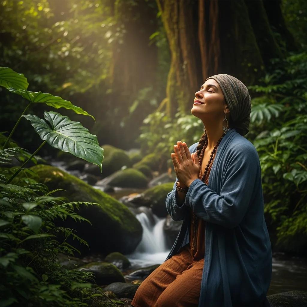 A woman kneels by a stream in a lush forest, eyes closed and hands in a prayer position, appearing peaceful and meditative. Sunlight streams through the trees, creating a serene, spiritual atmosphere.