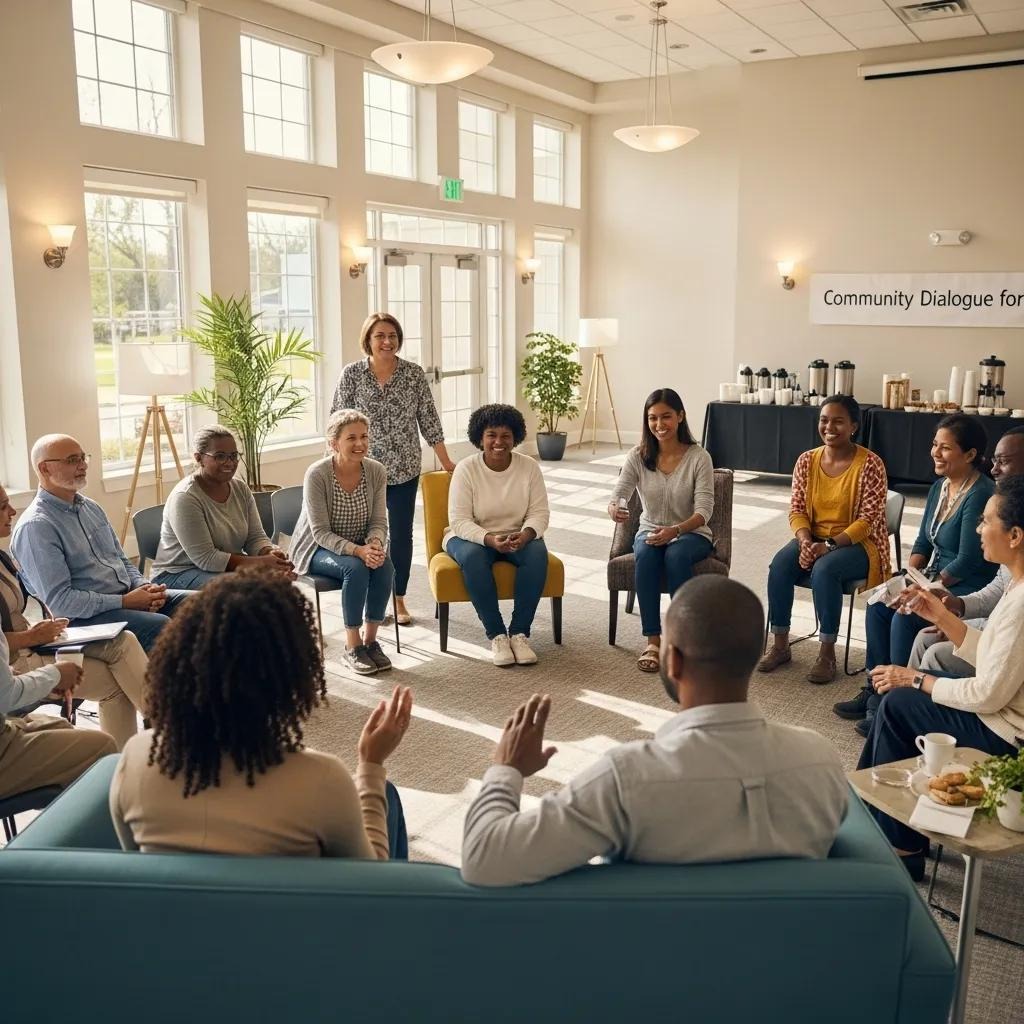 A diverse group of people sit in a circle, actively engaged in discussion in a bright, modern room with large windows. A sign reads Community Dialogue. Snacks and drinks are set up on a table in the background.
