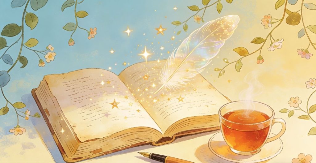 An open book with glowing stars floats beside a magical, sparkling feather. A steaming cup of tea and a pen sit nearby, with leafy vines and flowers framing the cozy, whimsical scene.