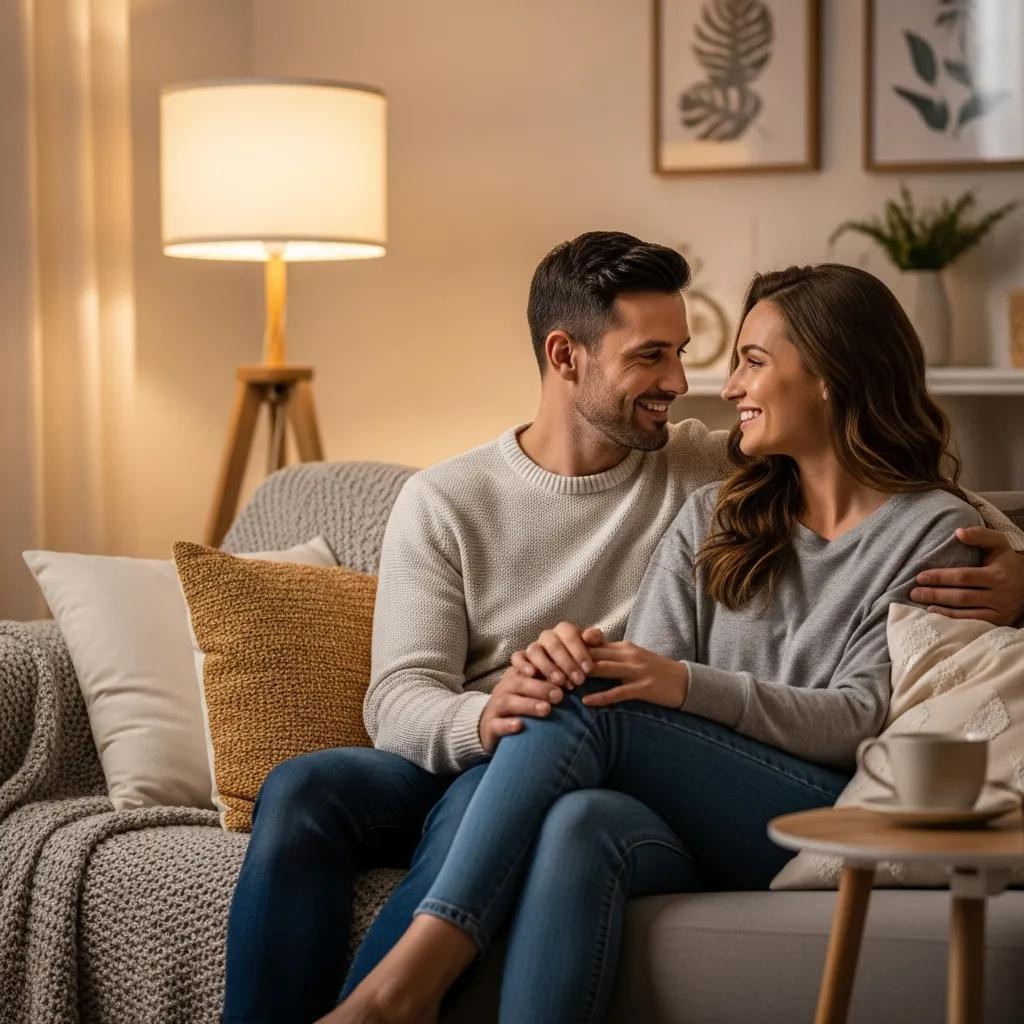 A smiling couple sits close together on a cozy sofa in a warmly lit living room, surrounded by soft cushions and a blanket, sharing an affectionate moment. A lamp and framed artwork decorate the background.