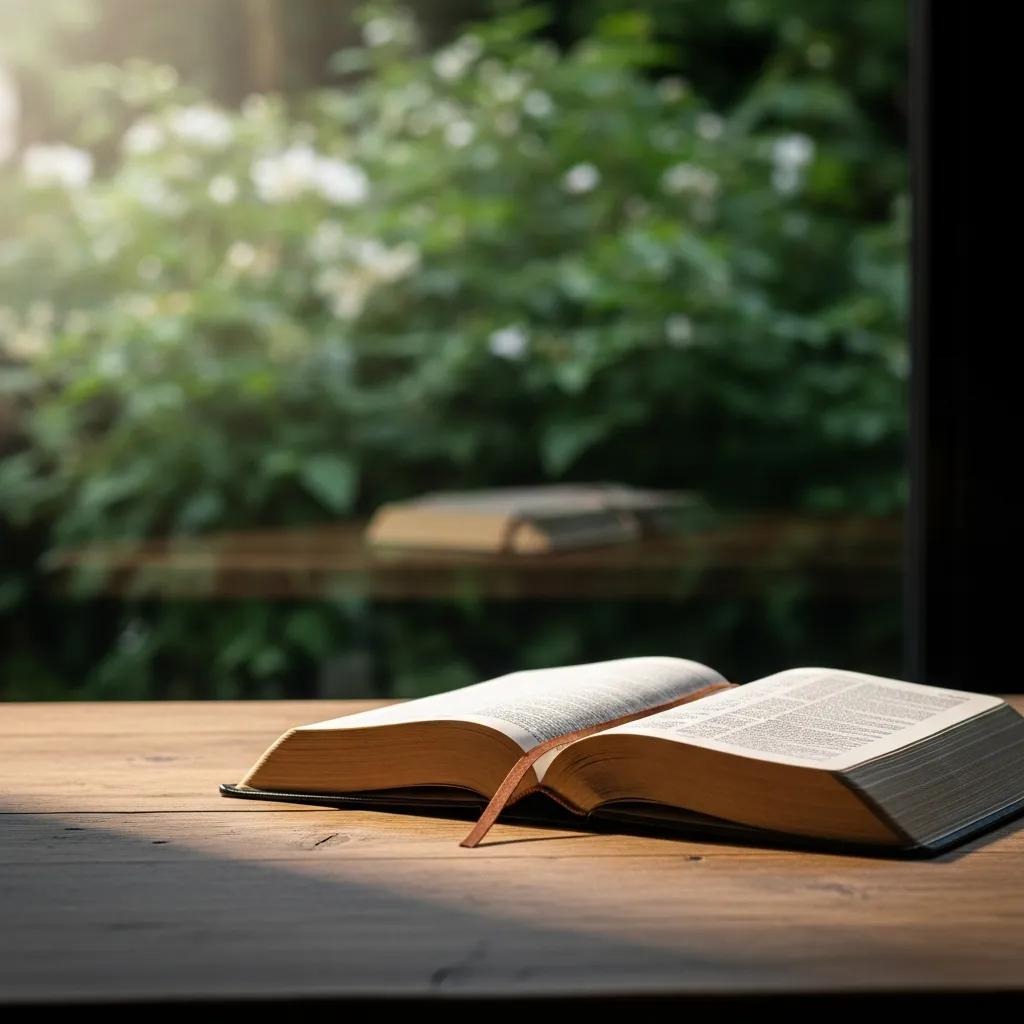 An open book rests on a wooden table bathed in soft sunlight, with blurred greenery and white flowers visible outside a window in the background.