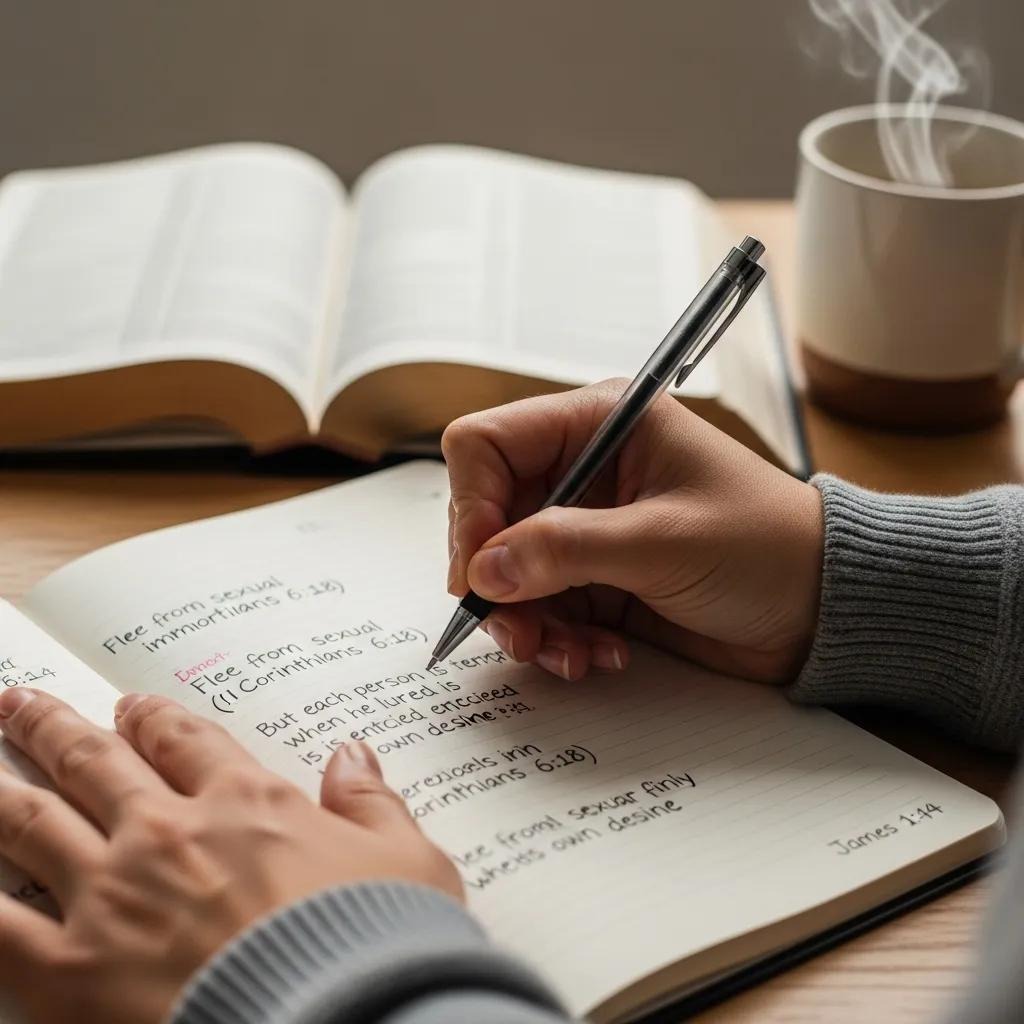 A person writes Bible verses in a notebook with a black pen. An open Bible and a steaming cup of coffee sit on the wooden table. The scene suggests study or reflection.