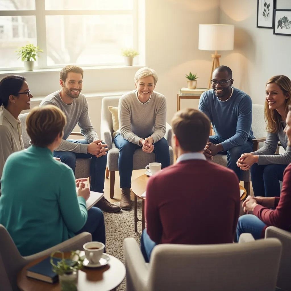 A diverse group of adults sits in a circle in a cozy, well-lit room, smiling and engaged in conversation during a support or discussion group meeting.