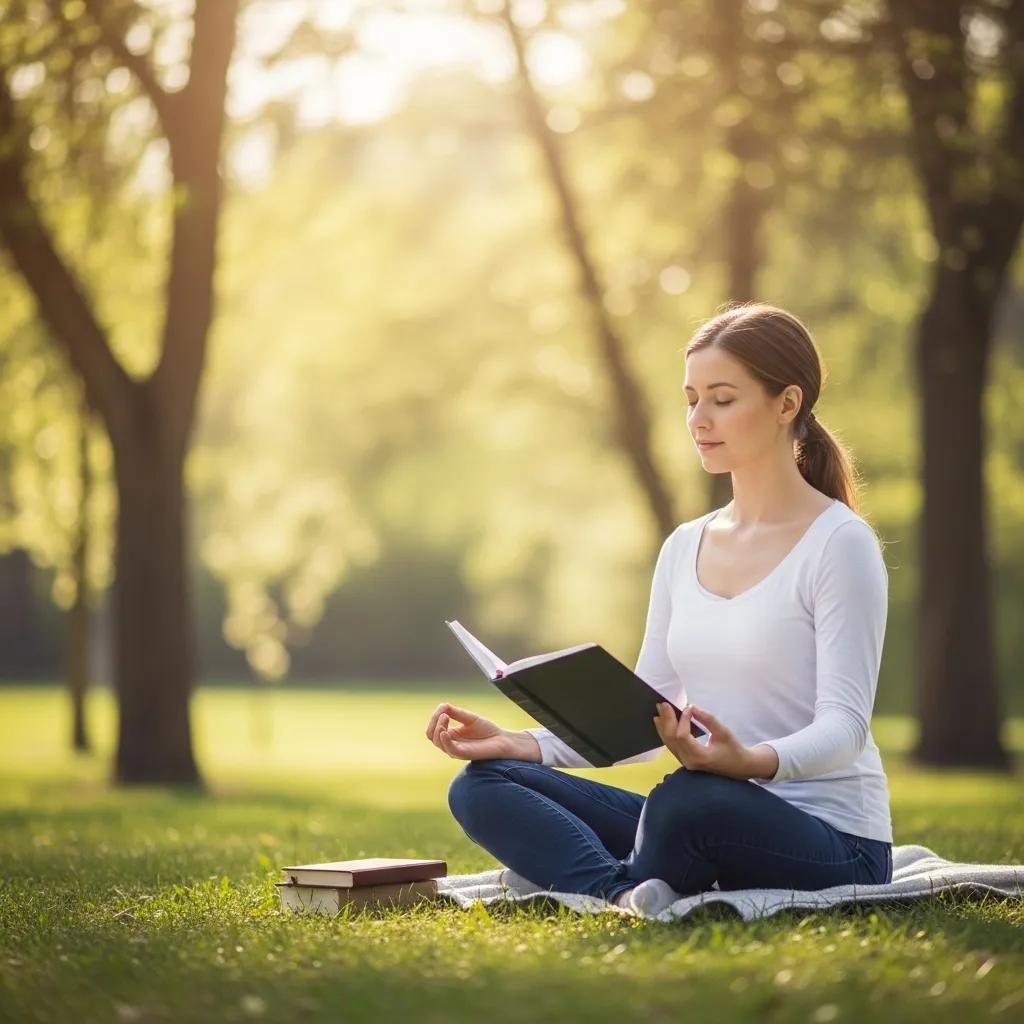 A woman sits cross-legged on a blanket in a sunlit park, holding a book and meditating with closed eyes. Two books rest beside her on the grass, and trees with green leaves are visible in the background.