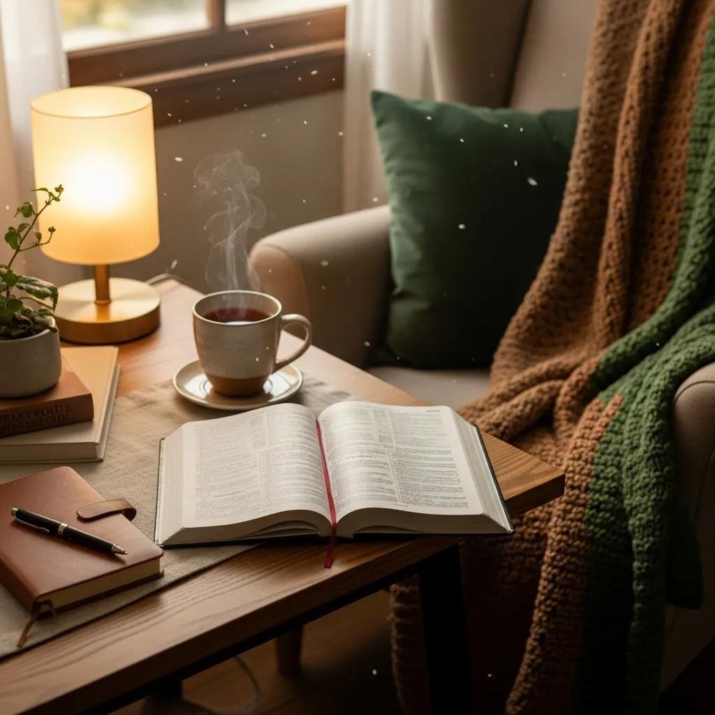A cozy scene with an open book and a steaming cup of coffee on a wooden table, next to a notebook, pen, potted plant, and a warm lamp; a green pillow and knit blanket are on a nearby armchair.