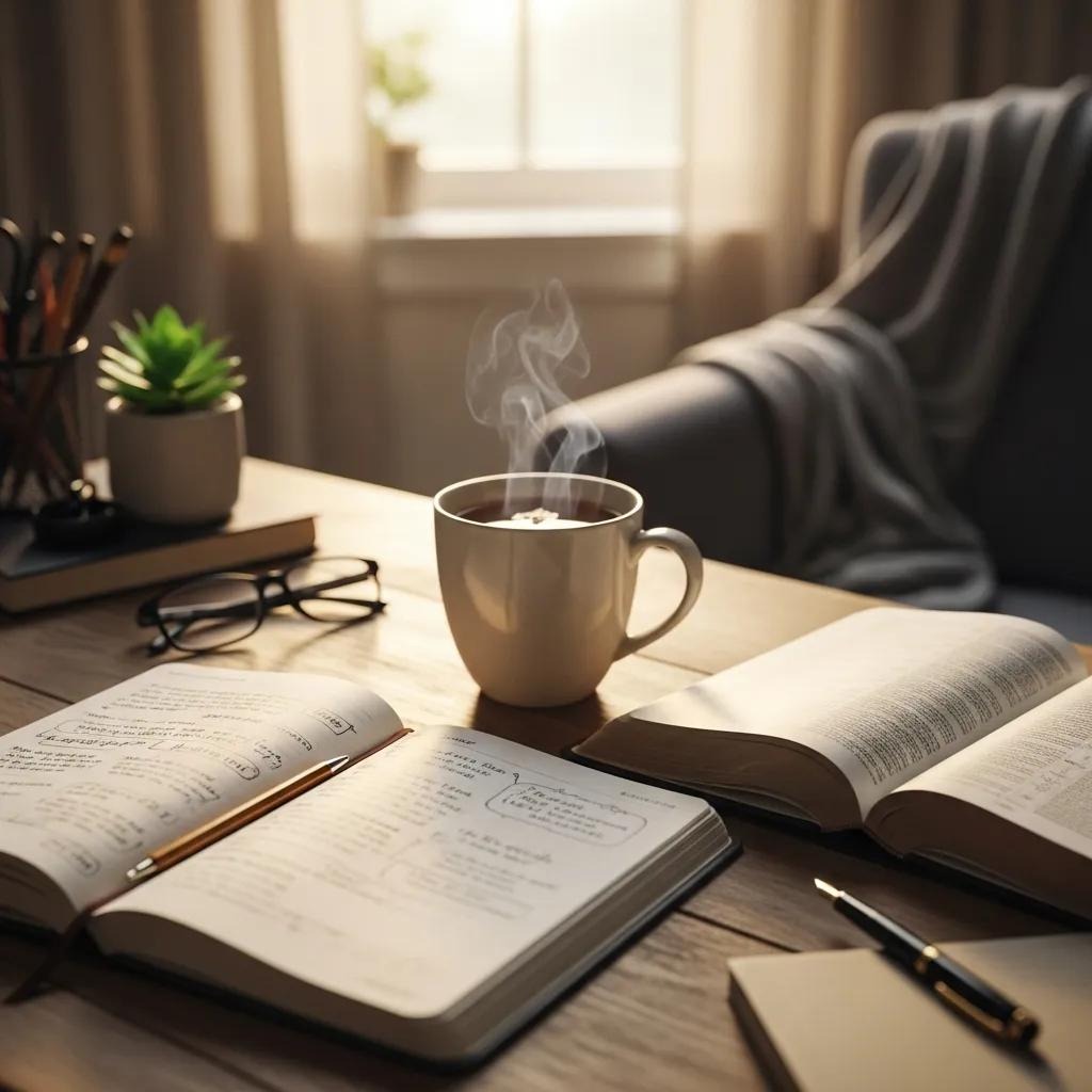 A cozy workspace with an open notebook, a steaming cup of coffee, an open book, eyeglasses, pens, and a small potted plant on a wooden desk, with sunlight streaming through a window in the background.