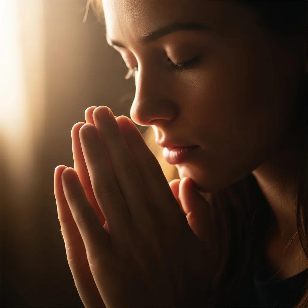 A woman with closed eyes holds her hands together near her face in a thoughtful or prayerful pose, softly lit by warm light from the left.