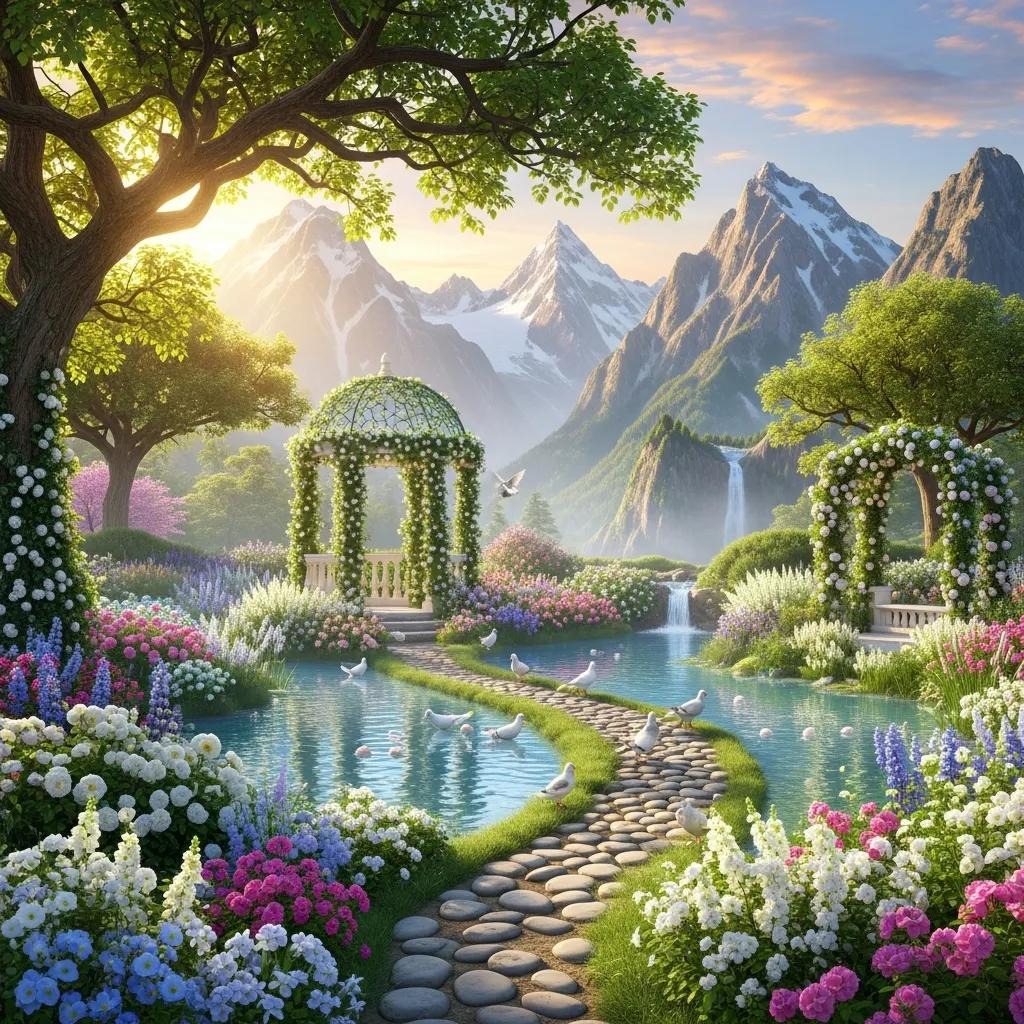A vibrant garden with colorful flowers, a stone path crossing a pond with ducks, and a vine-covered gazebo. Lush trees and mountains with waterfalls are in the background, under a bright sky at sunrise.