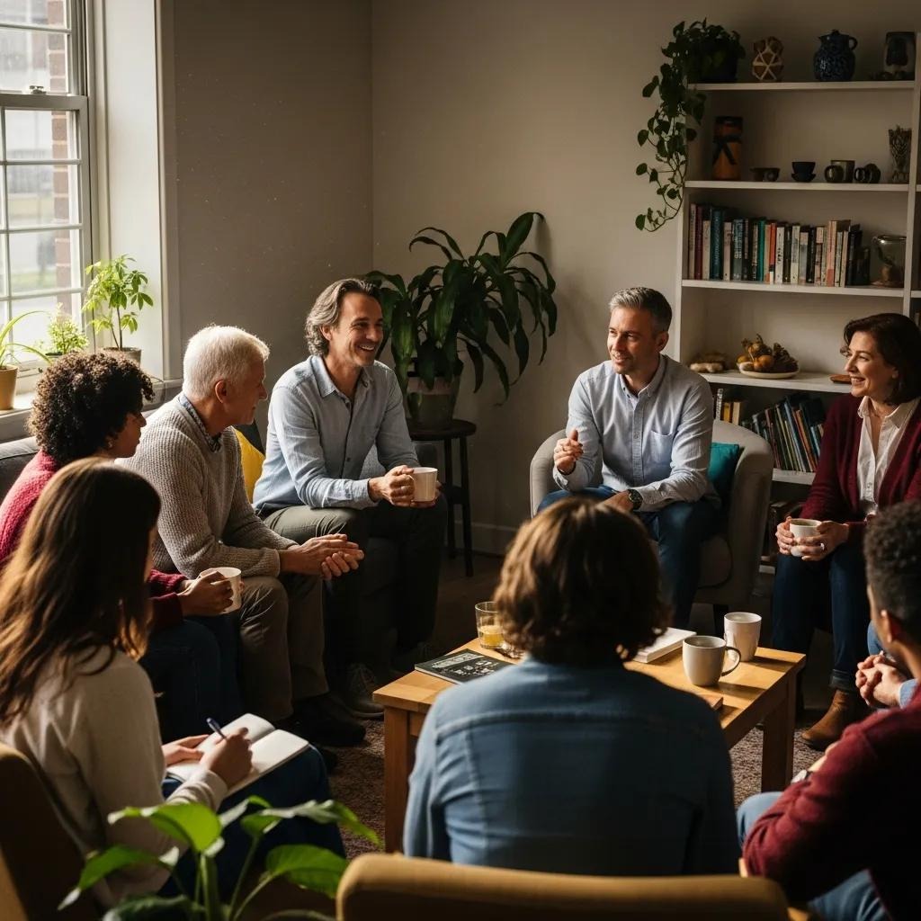 A group of people sit in a cozy living room, arranged in a circle, engaged in conversation. They appear relaxed and attentive, with coffee mugs and notebooks on the table in front of them.