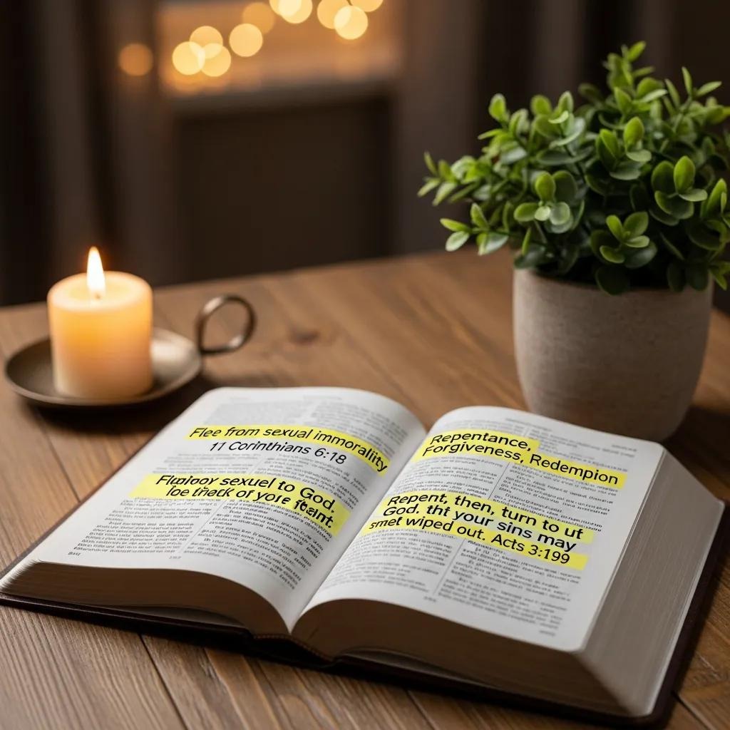 An open Bible on a wooden table with several passages highlighted in yellow, next to a lit candle and a green potted plant, with warm string lights blurred in the background.