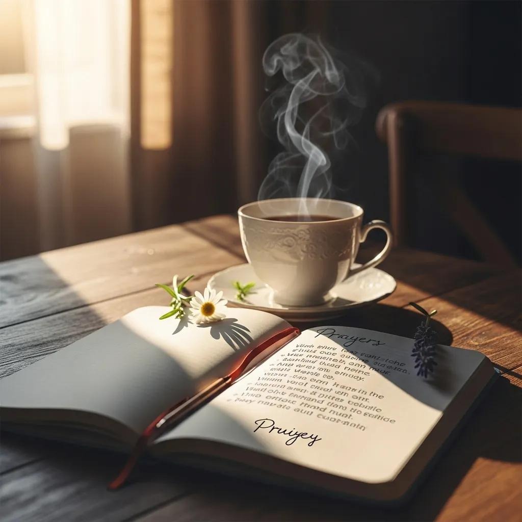A steaming cup of coffee sits on a wooden table beside an open notebook with handwritten prayers, a pen, and small flowers. Sunlight streams through a window, casting warm shadows across the scene.