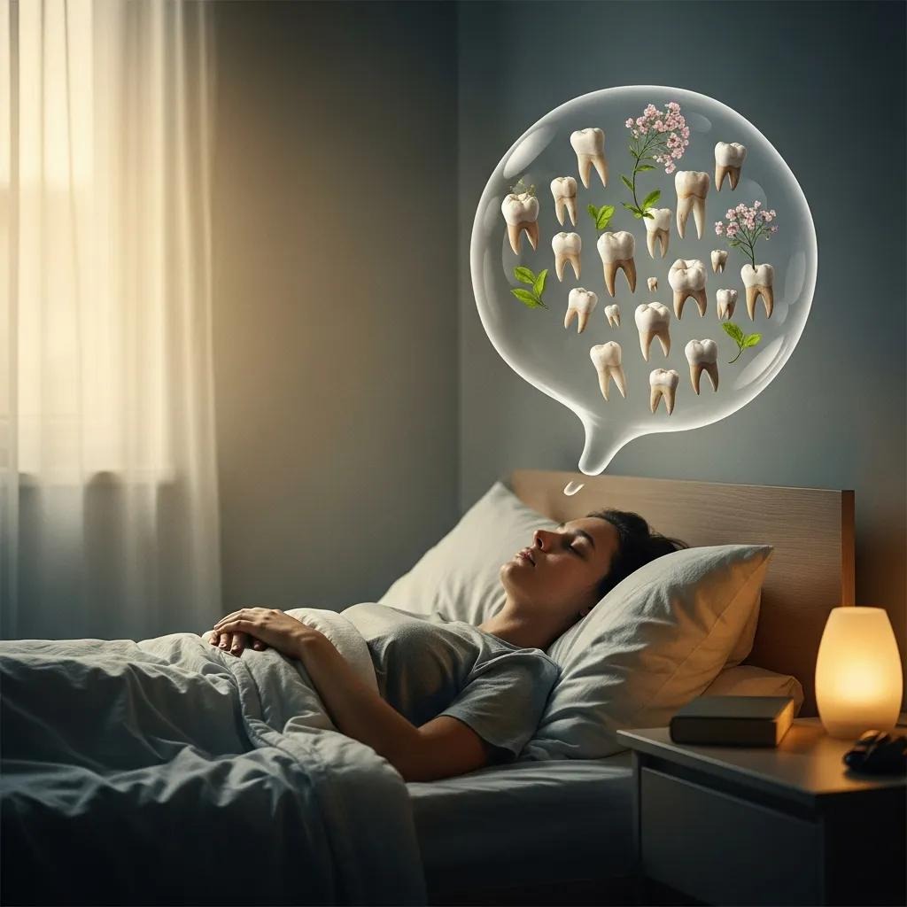 A woman sleeps in bed at night, with a thought bubble above her showing teeth growing among green leaves and pink flowers, symbolizing dreams about dental health or tooth growth. A warm lamp glows on the bedside table.
