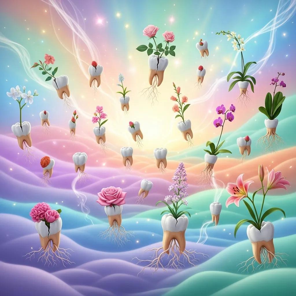 Floating teeth with roots grow colorful flowers, orchids, and roses, set against a pastel, dreamy background of swirling waves and radiant light, creating a surreal and whimsical atmosphere.