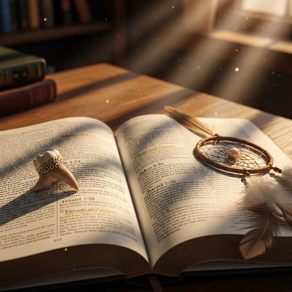 An open Bible lies on a wooden table, sunlight streaming onto its pages. A dreamcatcher and a wooden ring rest on the book. Blurred books and shelves appear in the background.