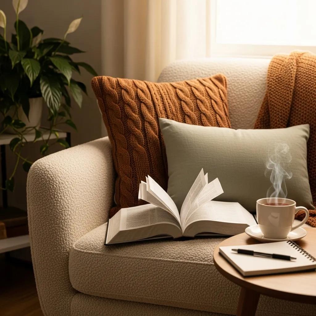 A cozy armchair with textured cushions holds an open book. Nearby, a round table has a steaming cup of coffee, an open notebook, and a pen. Soft natural light and a leafy plant add to the warm, inviting atmosphere.